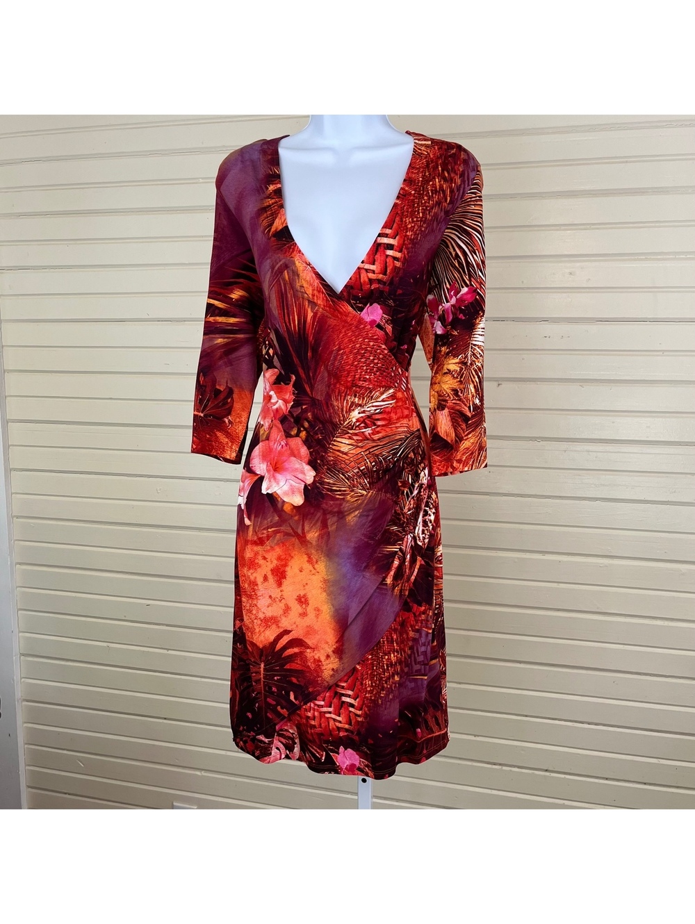 Vintage Cache Vibrant Red Floral Wrap Midi Dress with 3/4 Sleeves Size L